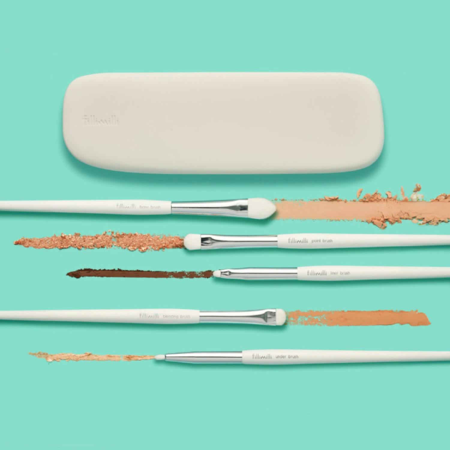 Fillimilli Eye Brush Pro Collection with five makeup brushes for eye makeup application, featuring natural bristles and sleek handles.