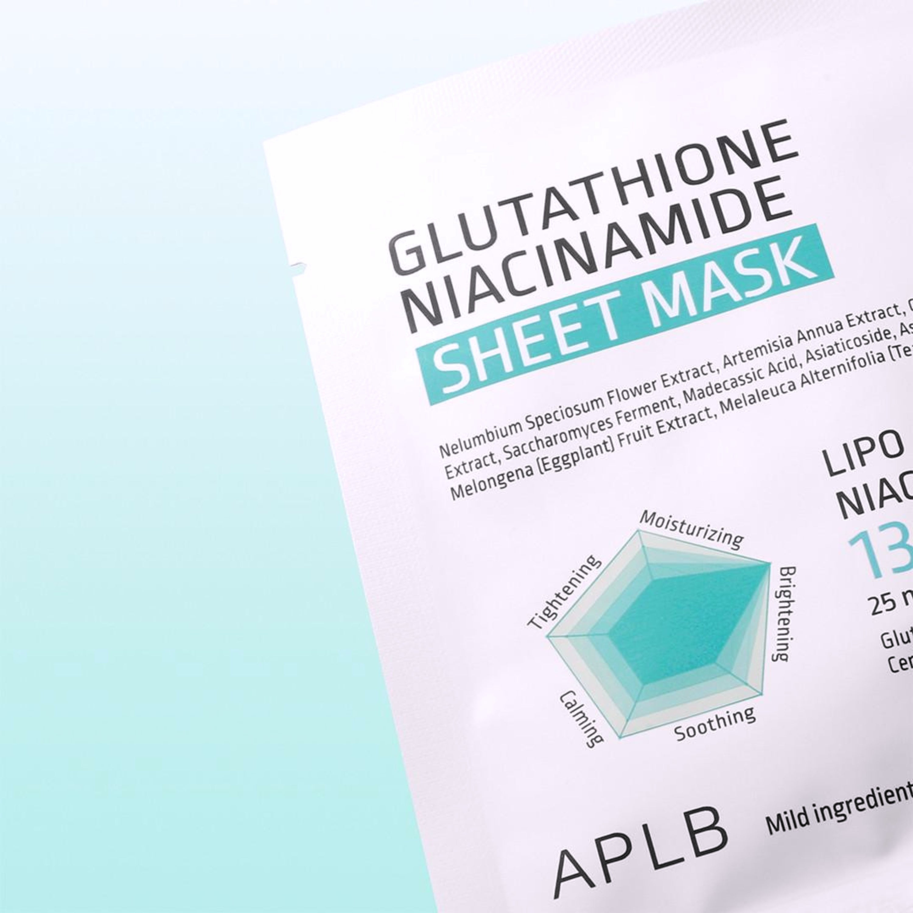 APLB Glutathione Niacinamide Sheet Mask laid flat, showing the mask sheet and packaging with branding details.