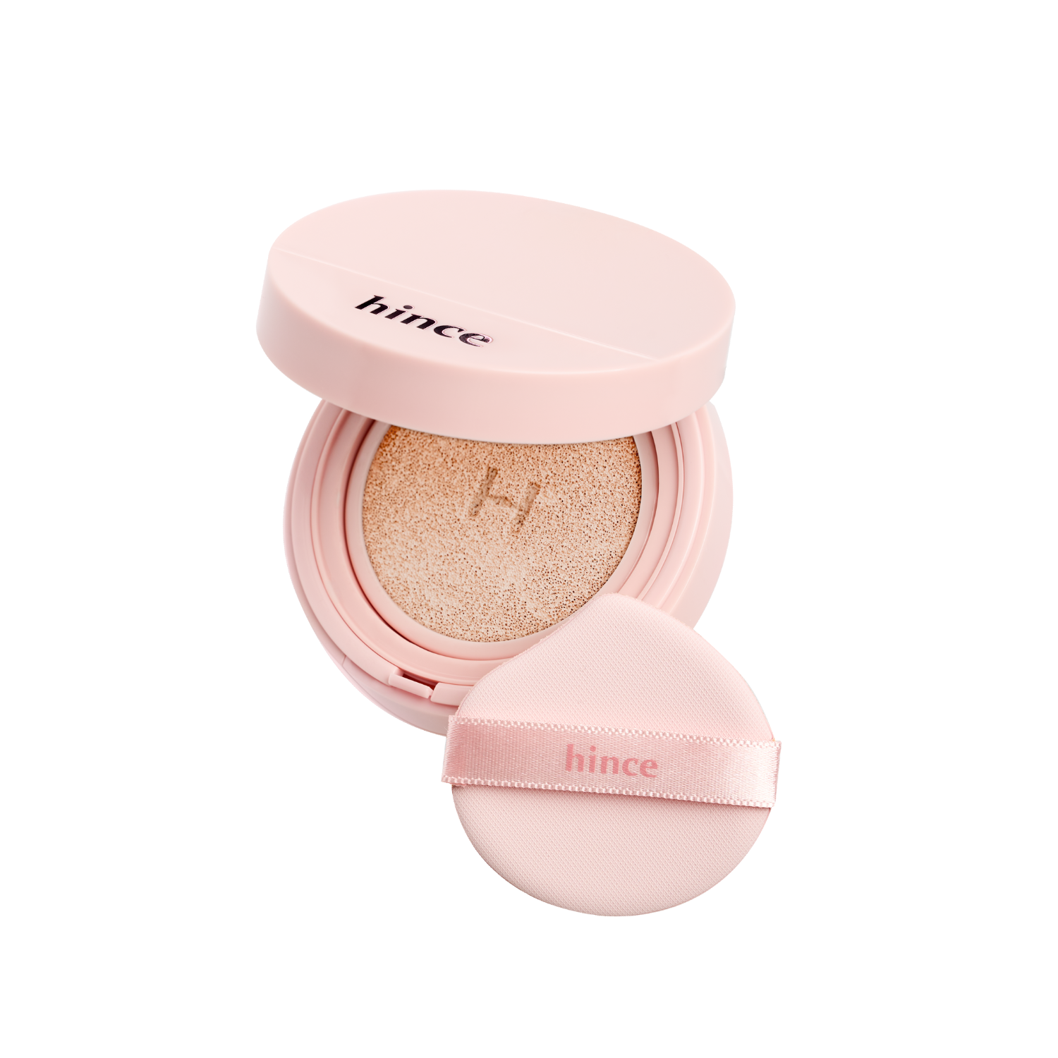 Hince Cover Master Pink Cushion foundation in a compact with a pink cushion, showcasing the product's packaging and texture.