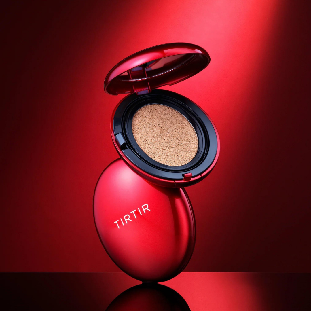 TIRTIR Mask Fit Red Cushion foundation compact with open lid showing the cushion inside, designed for smooth, even skin coverage.
