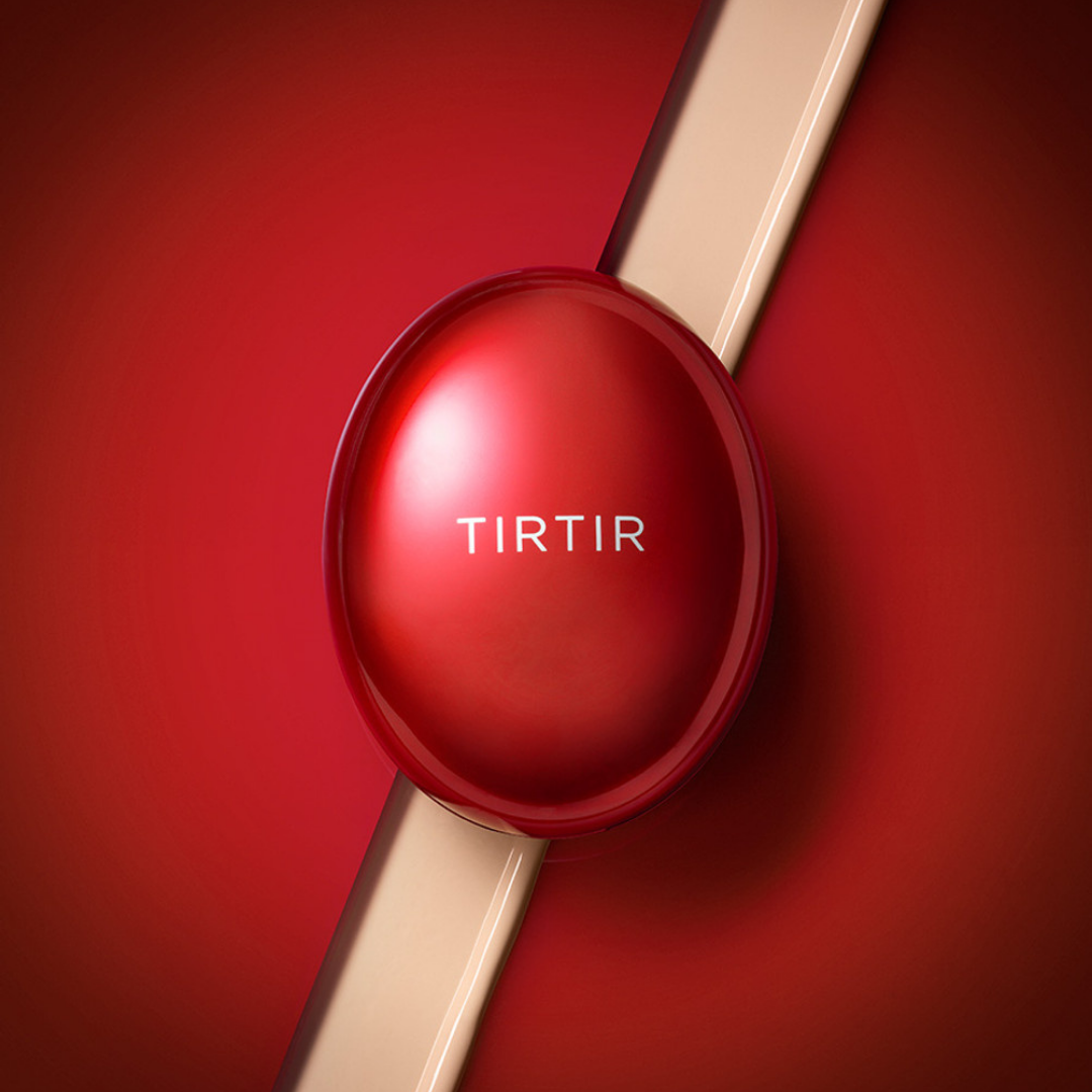 TIRTIR Mask Fit Red Cushion foundation compact with a sleek, round case and vibrant red design.
