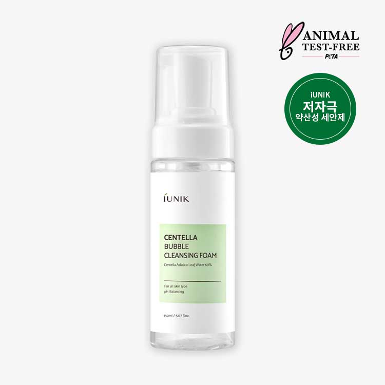 iUNIK Centella Bubble Cleansing Foam in a 150ml tube, showcasing a gentle gel and foam cleanser with centella ingredients.