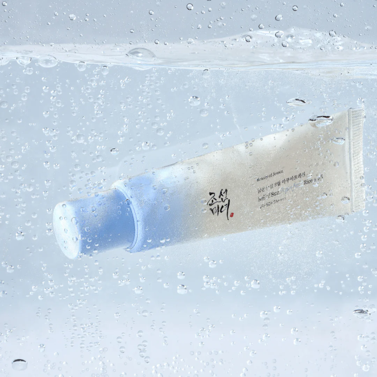 Beauty of Joseon Relief Sun Aqua-Fresh rice and B5 sunscreen tube, 50ml, with a sleek white packaging and blue accents.