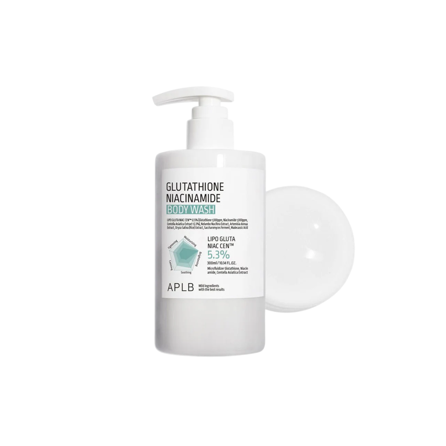 APLB Glutathione Niacinamide Body Wash and Scrub 300ml, creamy cleanser with exfoliating particles for smooth skin.