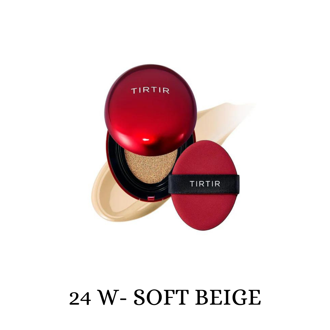 TIRTIR Mask Fit Red Cushion foundation compact with red packaging, showing the open cushion sponge and product inside