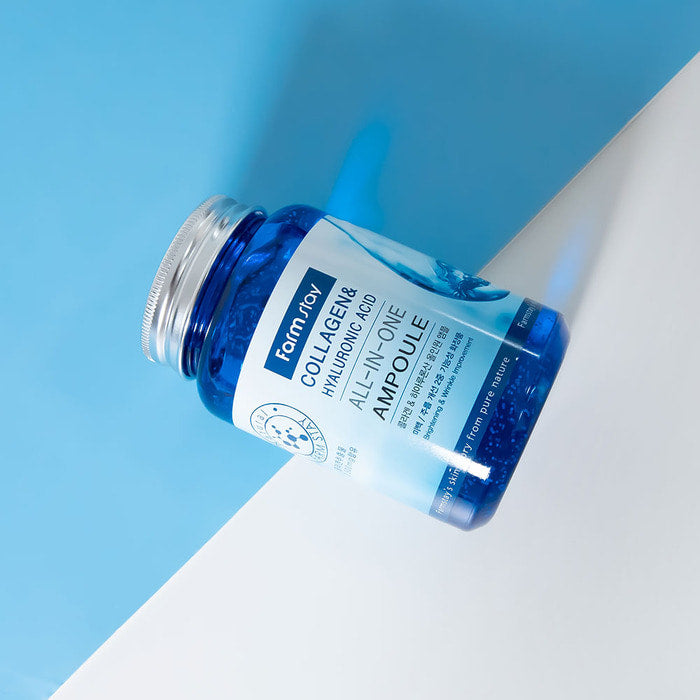 Farmstay Collagen & Hyaluronic Acid All-in-one Ampoule bottle, 250ml, with clear liquid and pump dispenser for skincare.