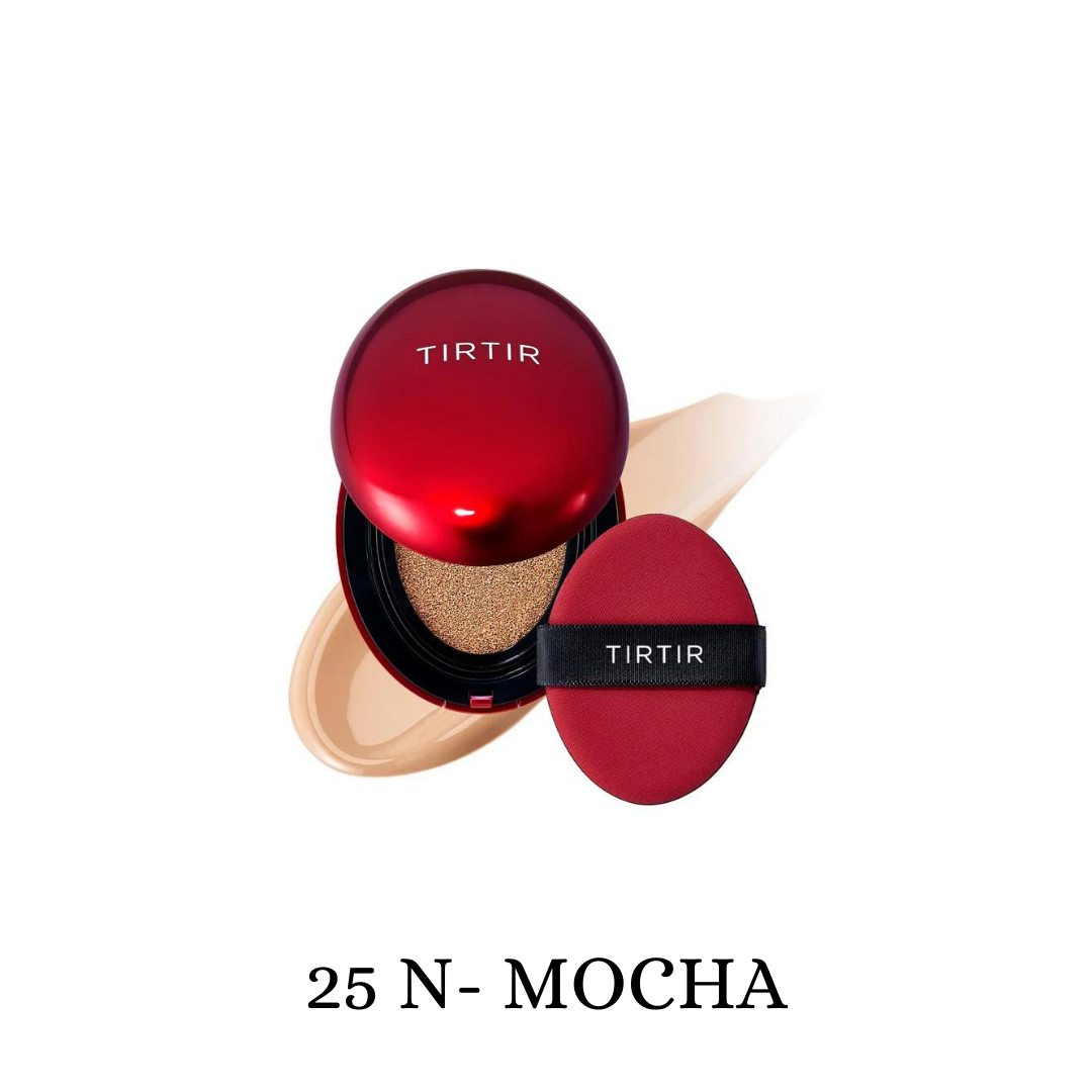 TIRTIR Mask Fit Red Cushion foundation in a compact with a mirror, showcasing its sleek design and vibrant red packaging.
