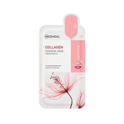 Mediheal Collagen Essential Sheet Mask, skincare mask with collagen for hydration and skin nourishment, laid flat on a white background.