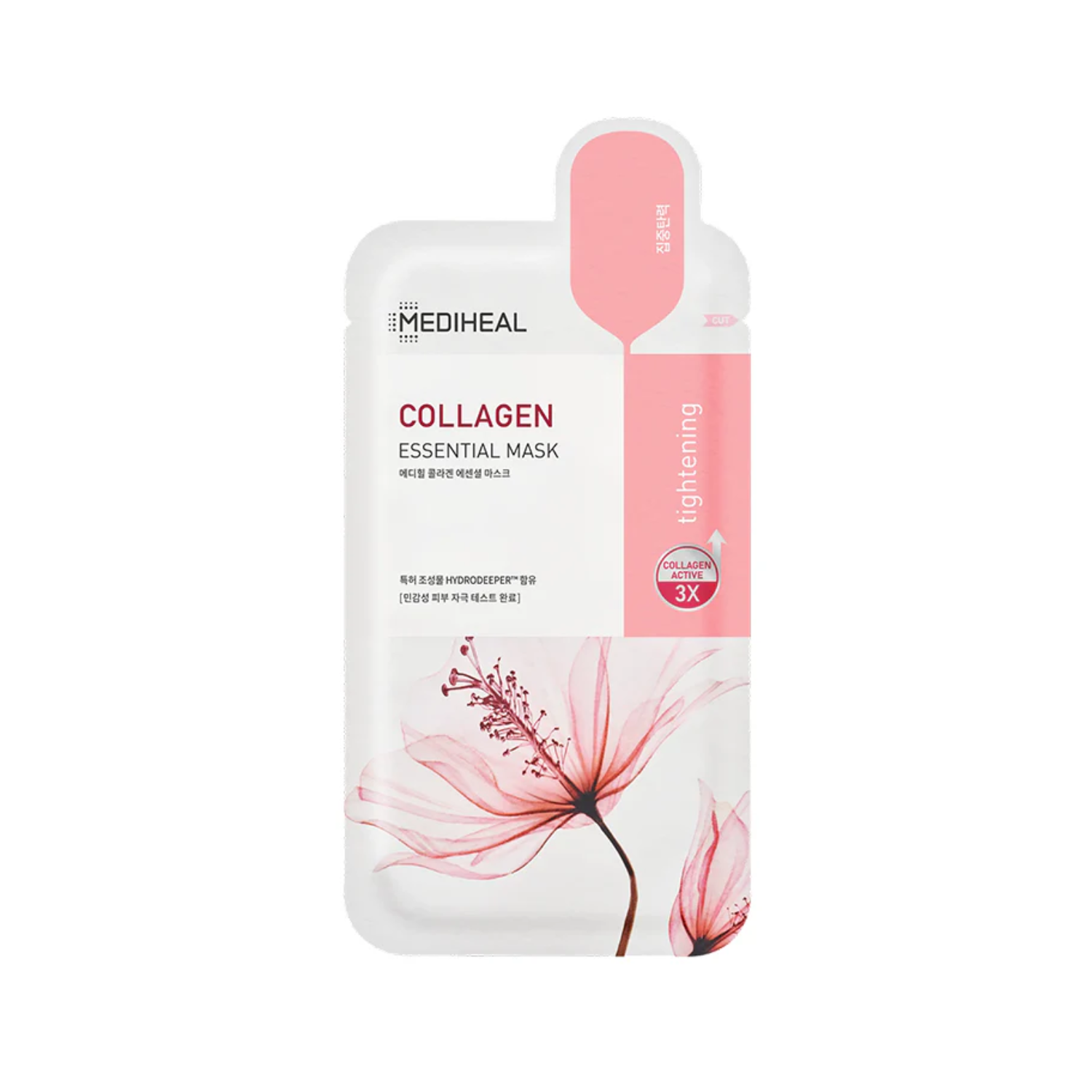 Mediheal Collagen Essential Sheet Mask, skincare mask with collagen for hydration and skin nourishment, laid flat on a white background.