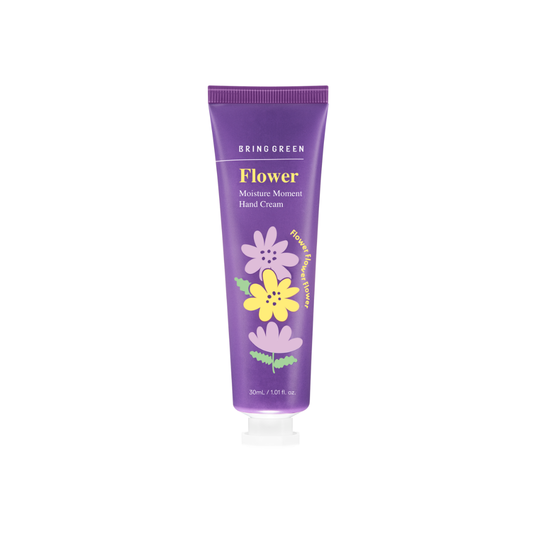 Bring Green Moisture Moment Hand Cream in a 30mL floral-scented tube with a soft, elegant design.