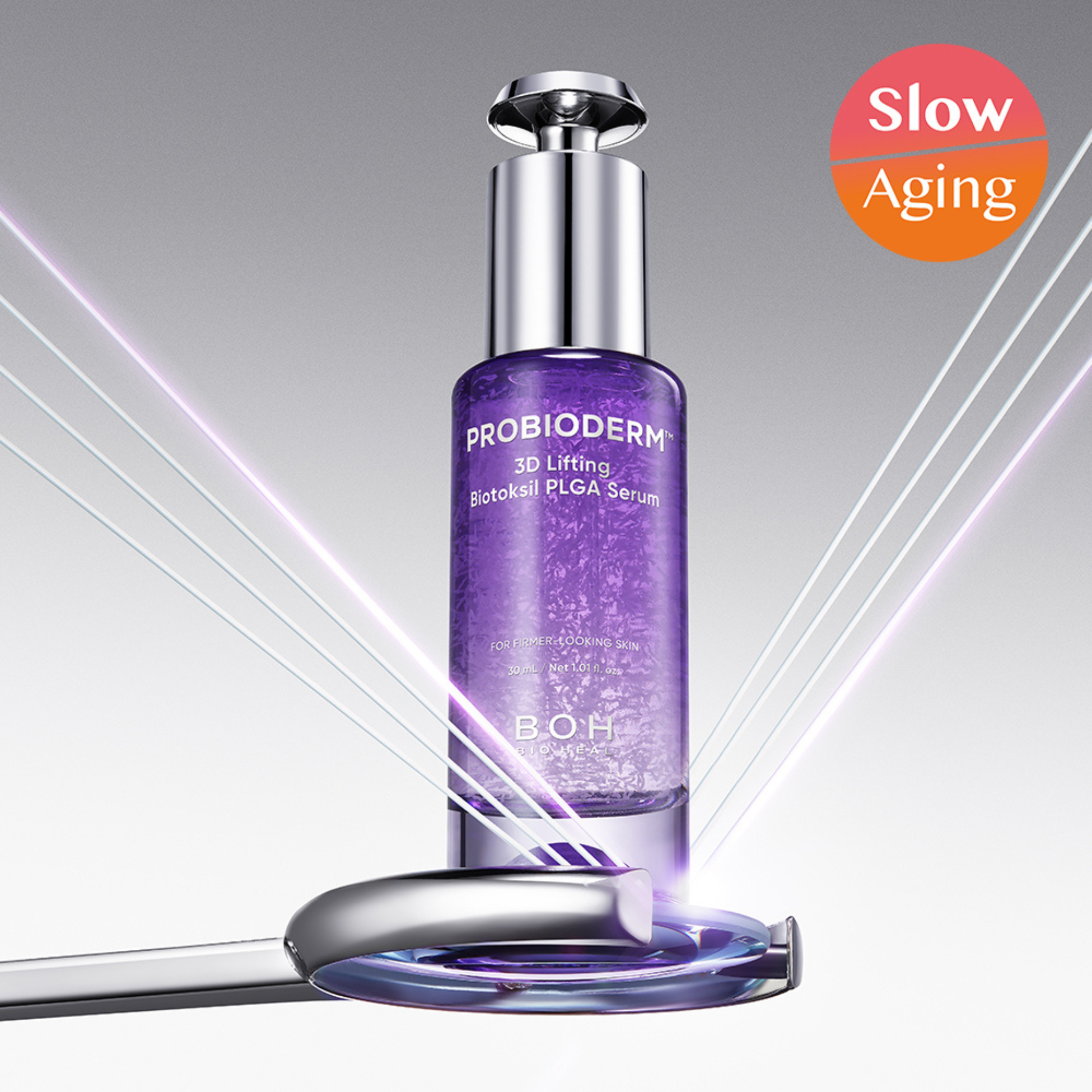 Probioderm™ 3D Lifting Biotoksil PLGA Serum by Bioheal BOH in a 30ml bottle, showcasing sleek packaging and serum applicator.