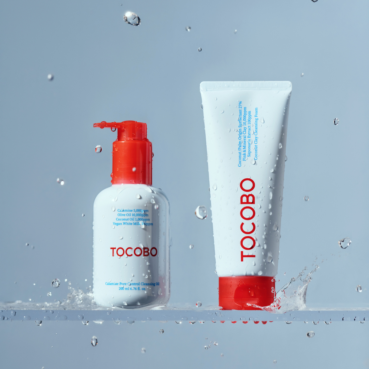 TOCOBO Calamine Pore Control Cleansing Oil in a 200ml bottle, showing the clear oil and pump dispenser on a white background.