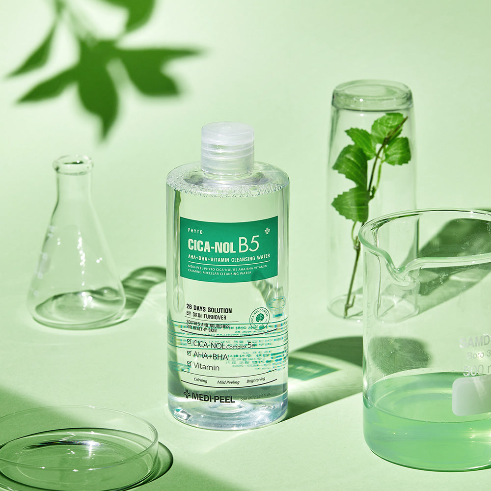MEDIPEEL+ Phyto Cica-Nol B5 AHA BHA Micellar Cleansing Water in 500ml bottle, gentle gel and foam cleanser for calming skin.