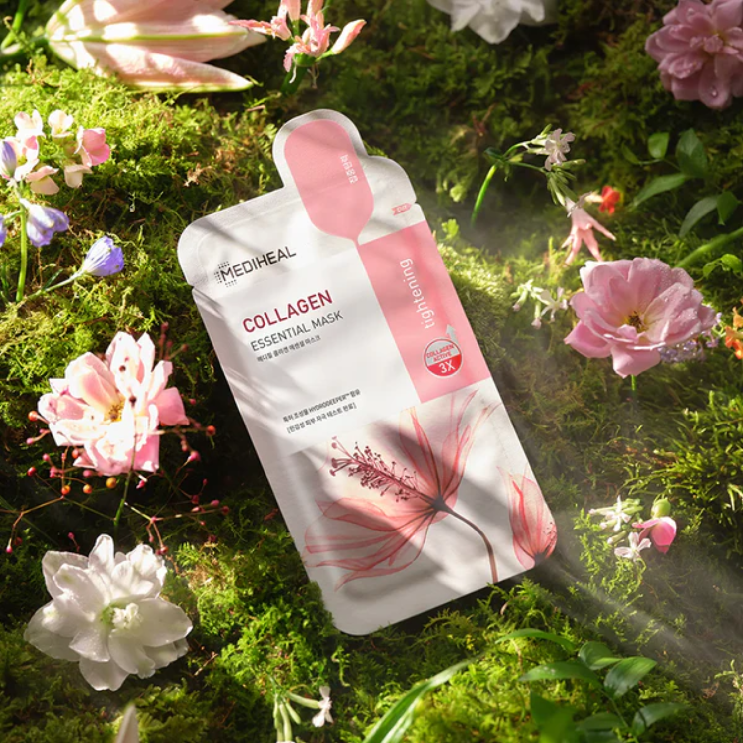 Mediheal Collagen Essential Sheet Mask laid flat, showing the mask's white fabric and packaging details on the front.