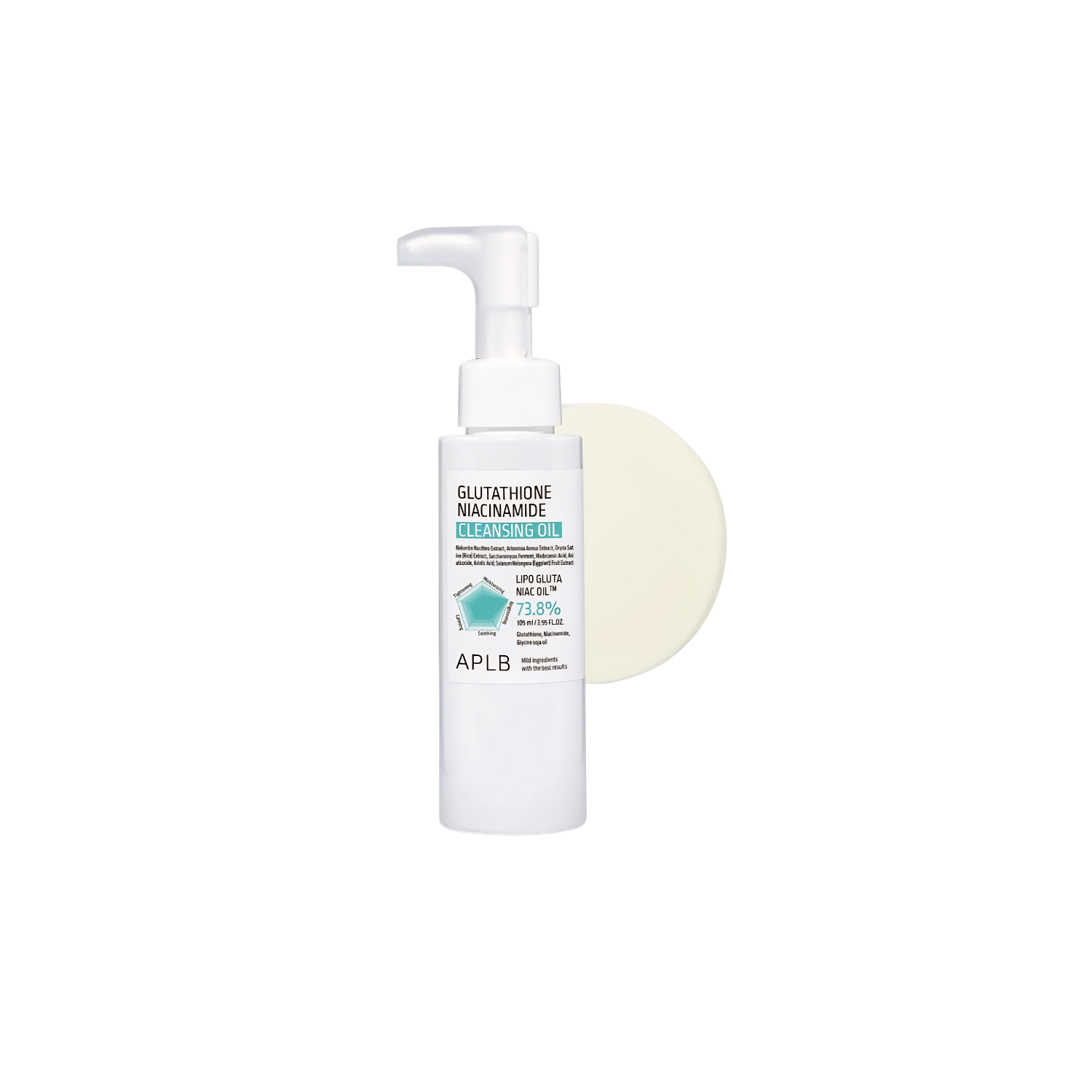 APLB Glutathione Niacinamide Cleansing Oil 105ml in a clear bottle showing the oil's smooth texture and label details.