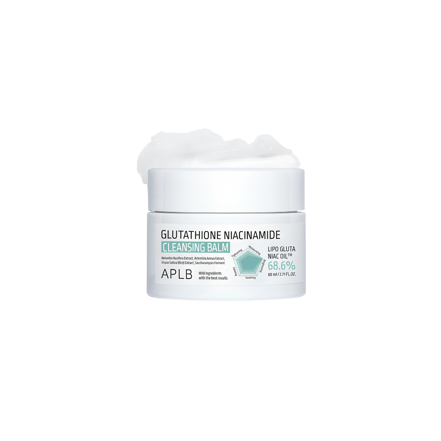 APLB Glutathione Niacinamide Cleansing Balm in 80ml jar, oil and balm cleanser with vibrant packaging and product label visible.