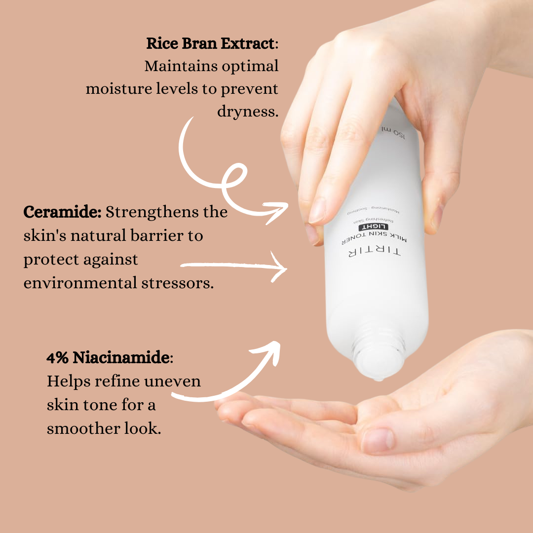 TIRTIR Milk Skin Toner Light 150ml bottle with clear liquid and minimalist label, designed for gentle skin hydration and toning.