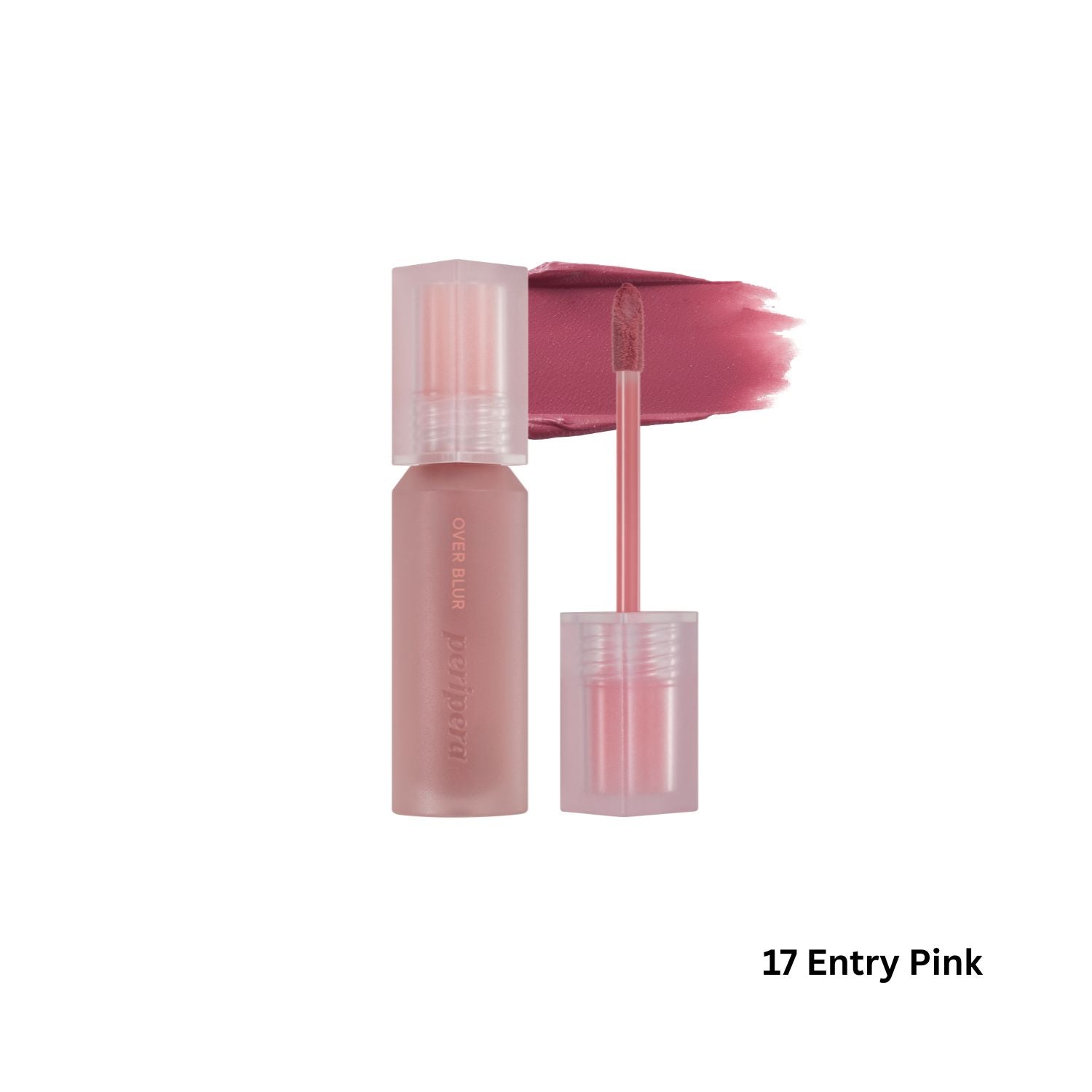 Peripera Over Blur Lip Tint in shade 95, featuring a smooth, glossy finish and natural pink hue on lips.