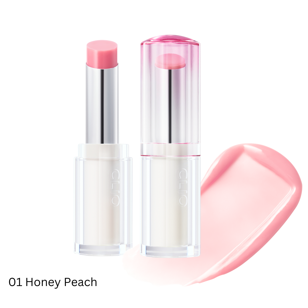Clio Crystal Glam Balm lipstick in a sleek tube, showcasing its shiny, crystal-inspired design and smooth, glossy finish.
