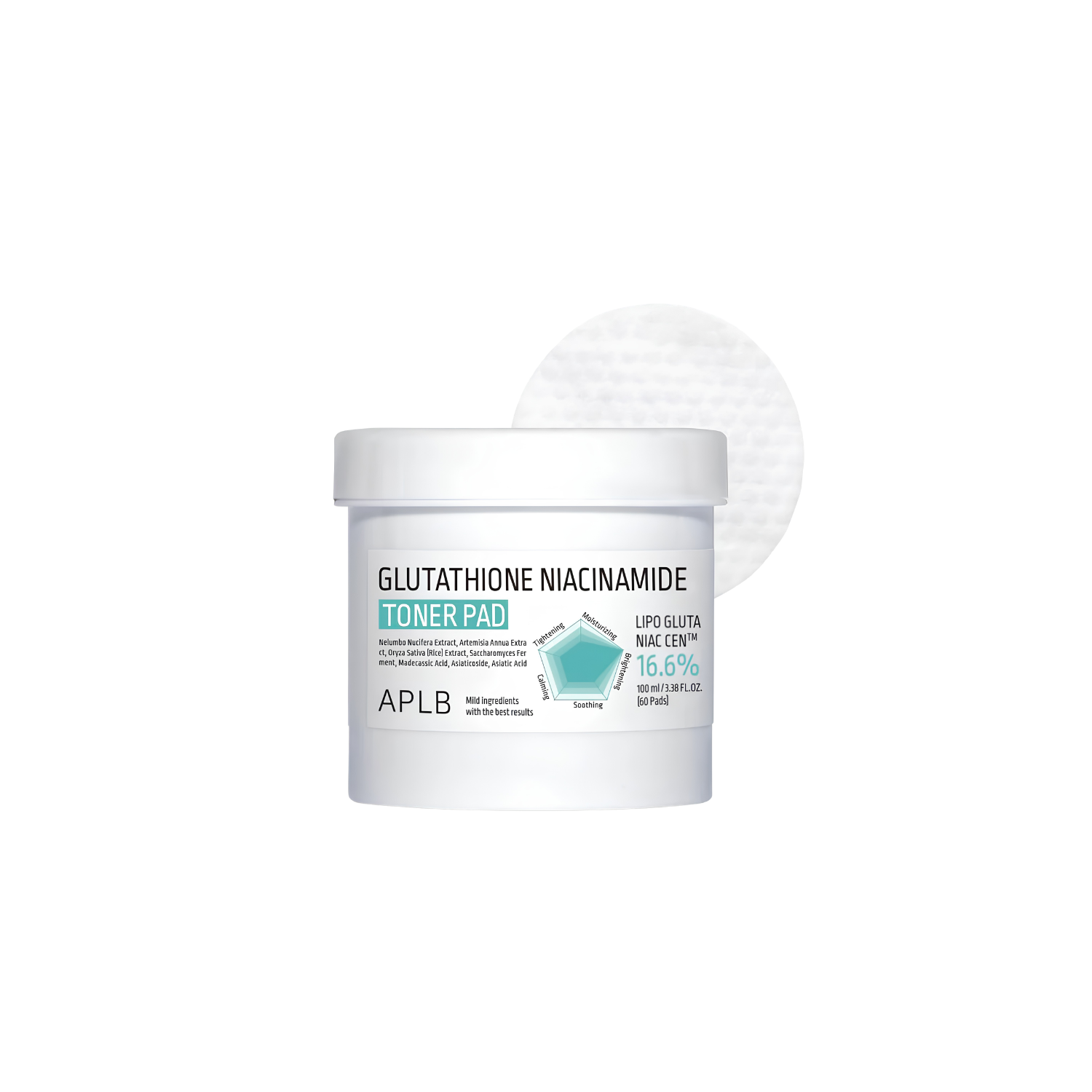 APLB Glutathione Niacinamide Toner Pad in 100ml, showing soft, round toner pads with a smooth surface and packaging in the background.