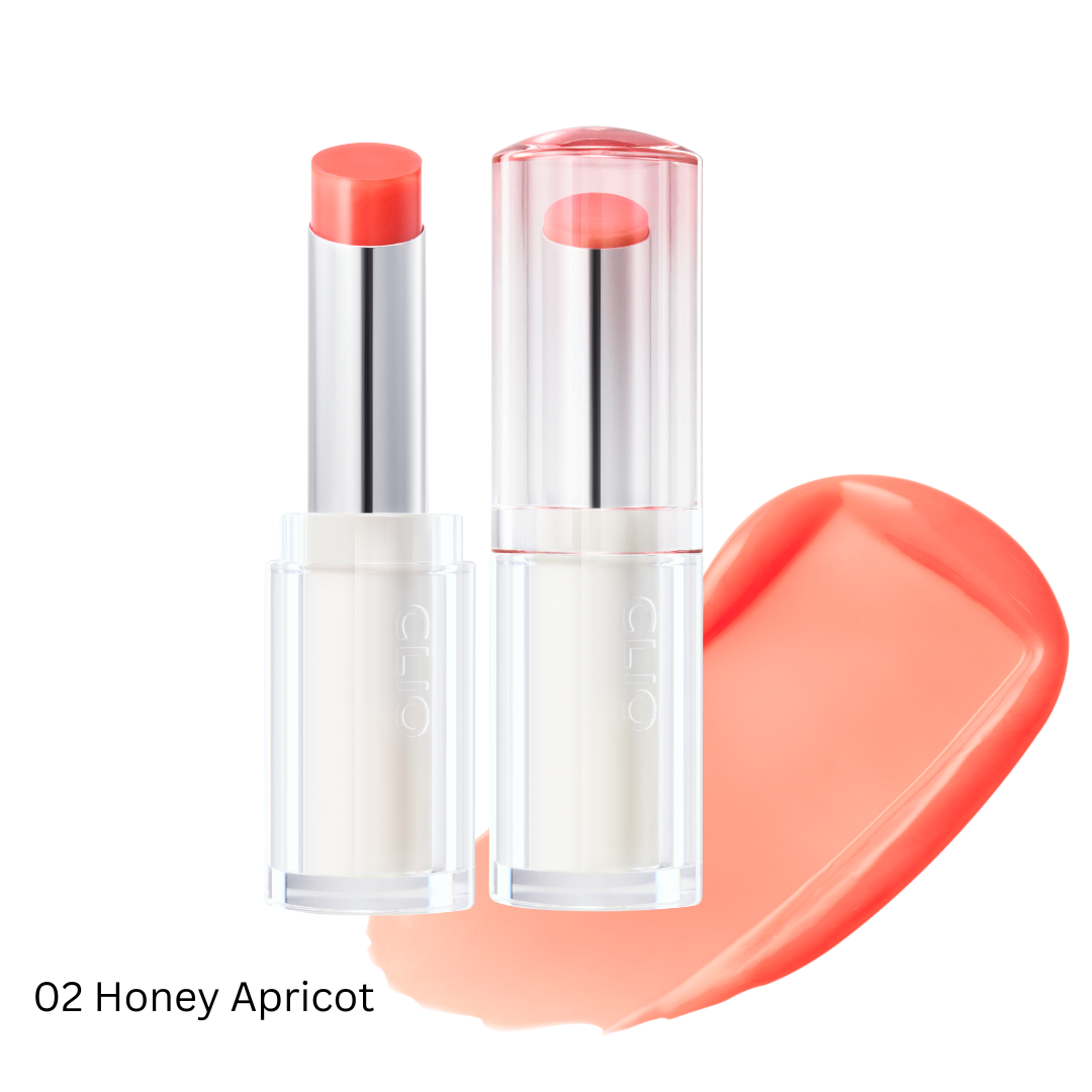 Clio Crystal Glam Balm lipstick with shimmering, glossy finish, showcasing a sleek, transparent packaging and smooth application.