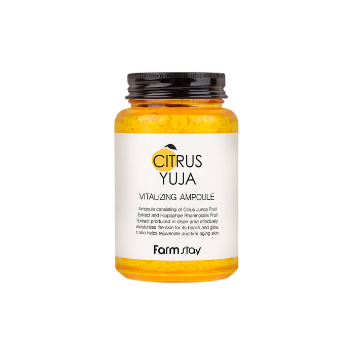 Farmstay Citrus Yuja Vitalizing Ampoule 250ml bottle with bright citrus label and pump dispenser for skincare use