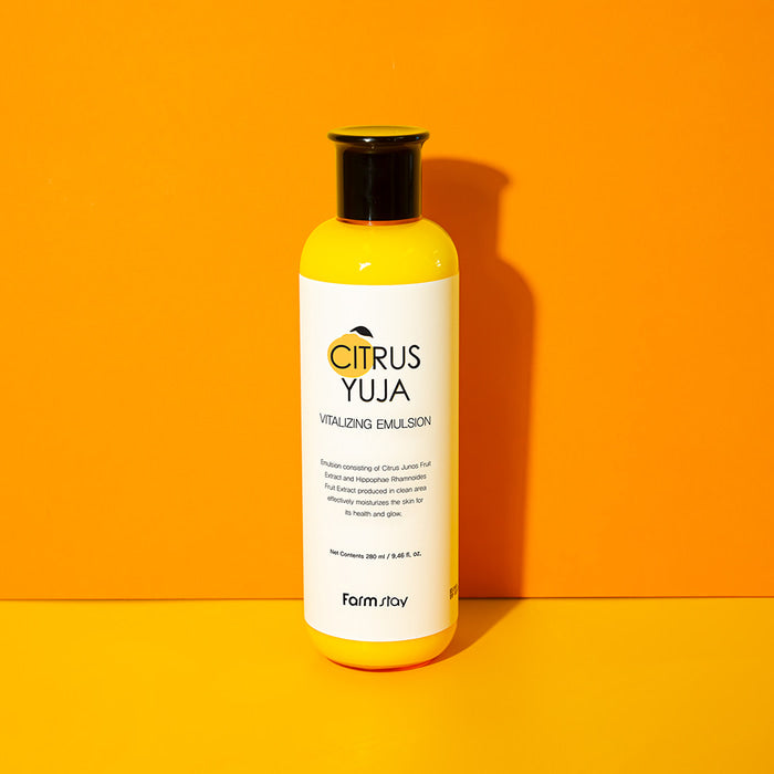 Farmstay Citrus Yuja Vitalizing Emulsion 280ml face moisturizer bottle with orange citrus design and pump dispenser