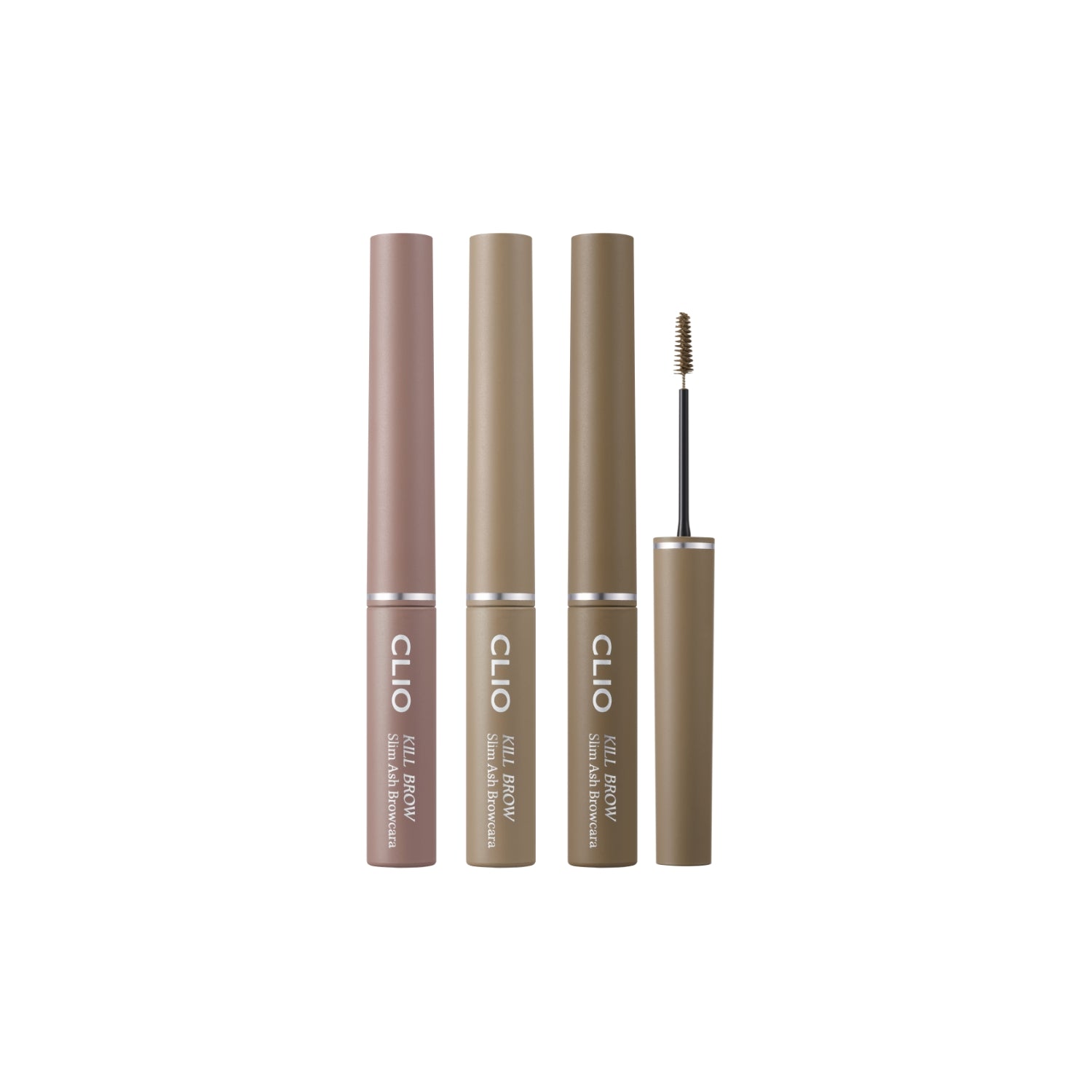 Clio Kill Brow Slim Ash Eyebrow Cara showing a slim, precise brow brush with ash-toned brow gel on the brush.