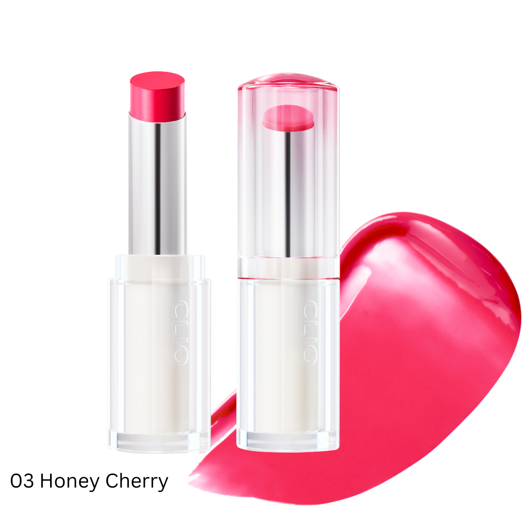 Clio Crystal Glam Balm lipstick with shimmering, transparent finish and sleek packaging, designed for glossy lip looks.
