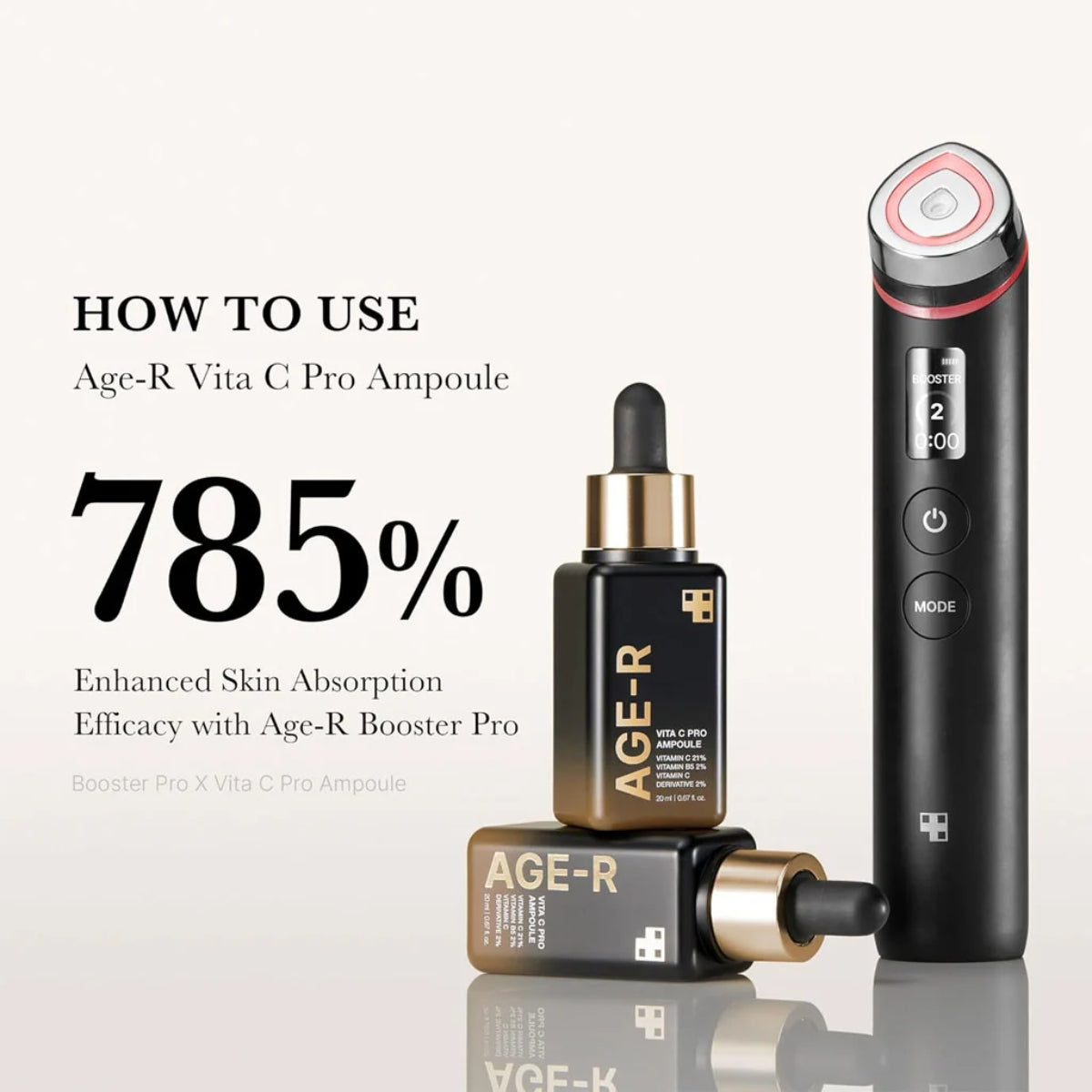 Medicube Age-R Vita C Pro Ampoule 20ml, clear glass bottle with dropper, showcasing bright orange liquid for skincare.