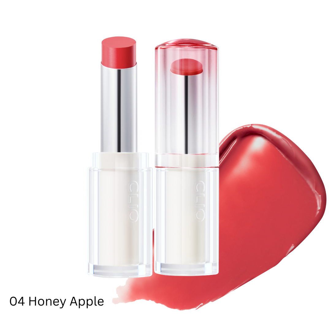 Clio Crystal Glam Balm lipstick in a shiny, transparent tube, showcasing the clear, glossy lip balm product.