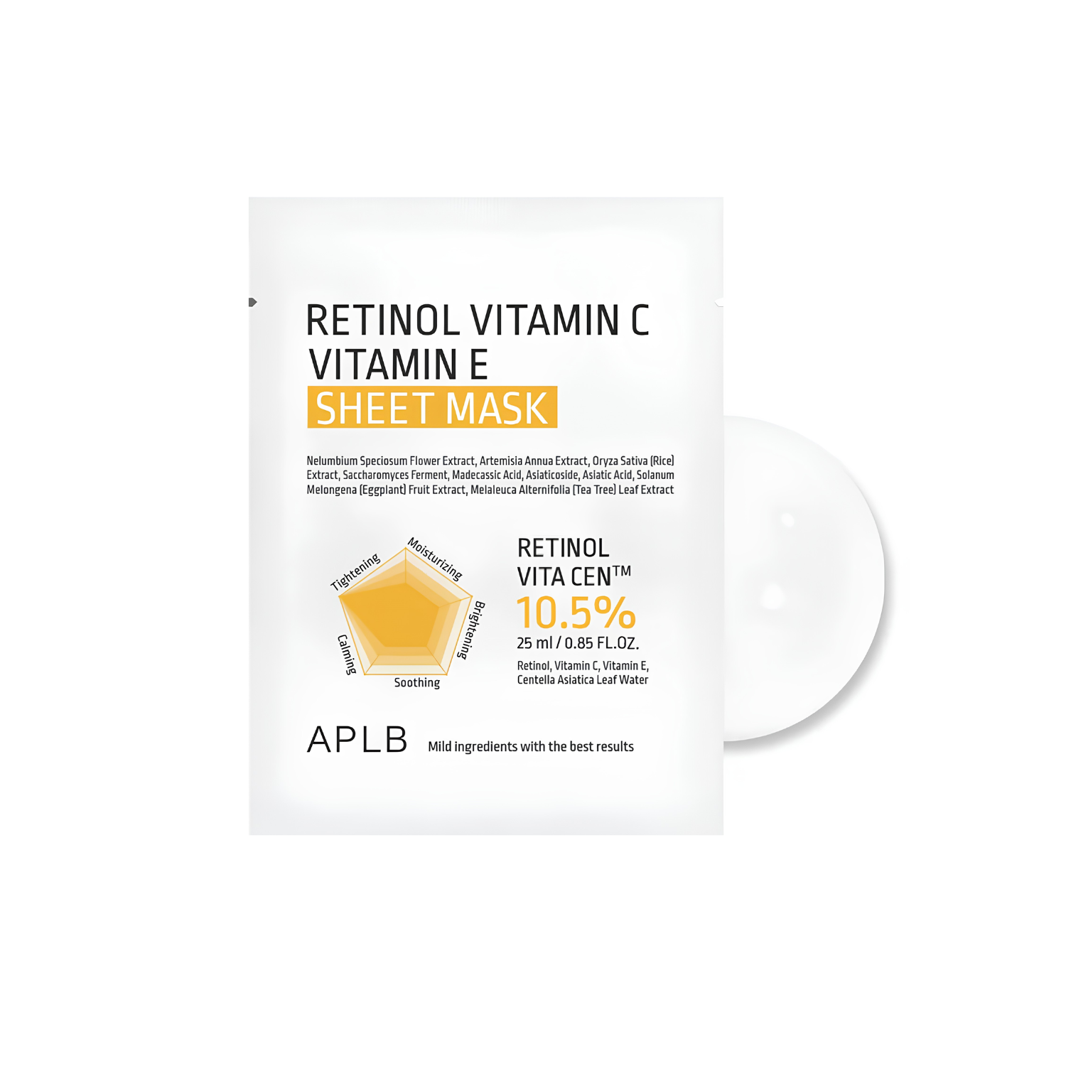 APLB retinol, vitamin C, and vitamin E sheet mask showing a single skincare sheet mask on a white background