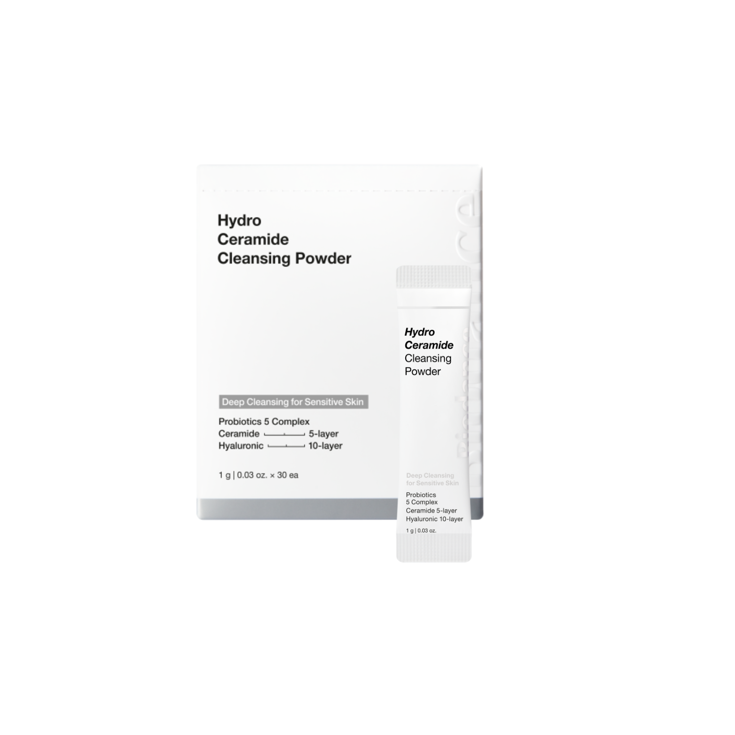 Biodance Hydro Ceramide Cleansing Powder, 30pcs, powder cleanser with hydrating ceramides, shown in a clear container with individual sachets