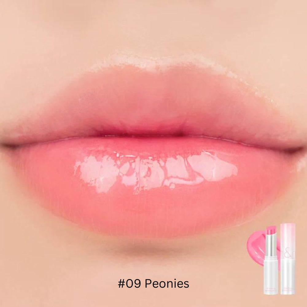 Rom&nd Glasting Melting Balm lipstick in a sleek tube, showing the vibrant, glossy lip color and smooth texture.