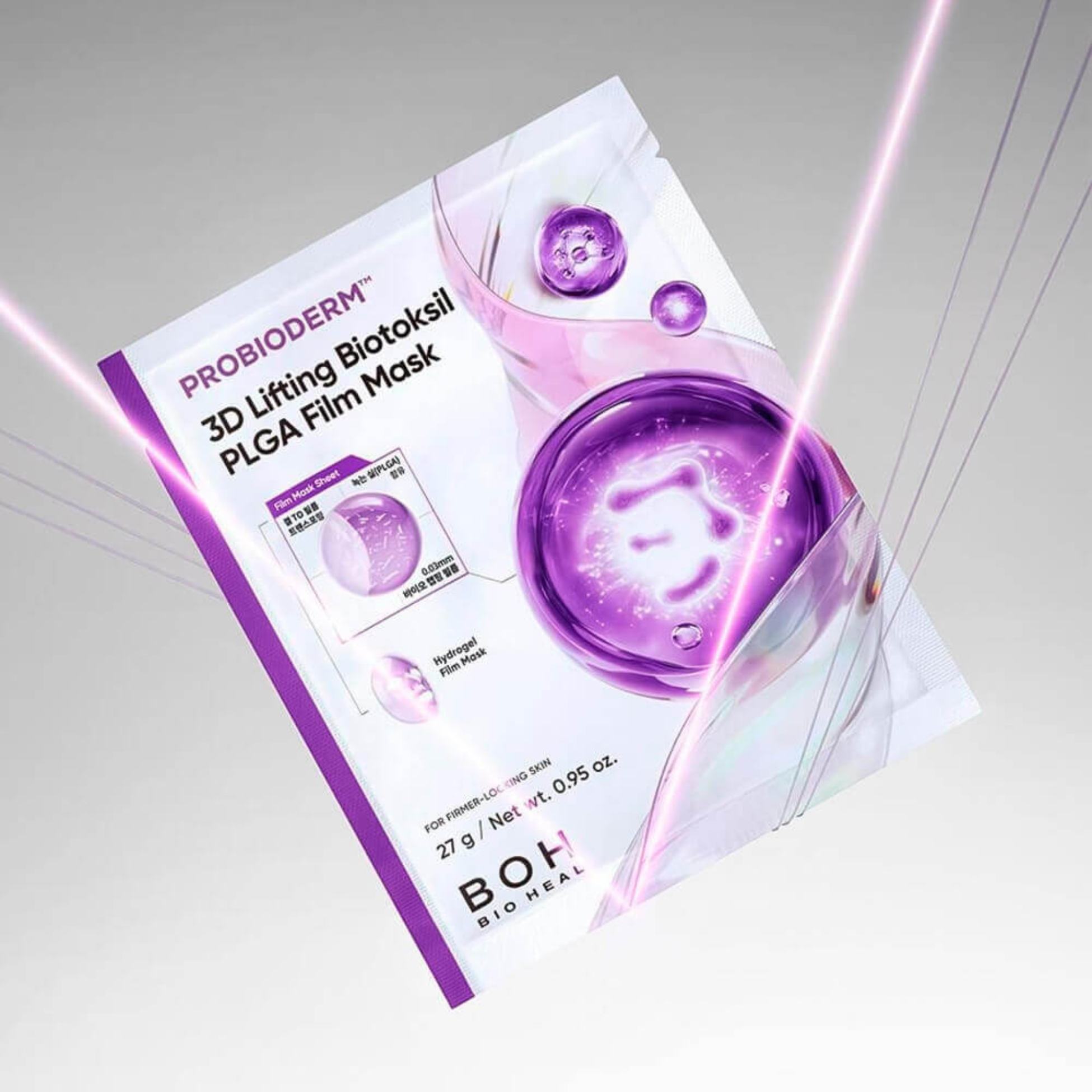 Probioderm™ 3D lifting Biotoksil PLGA sheet mask by Bioheal BOH, showing the mask's textured surface and packaging.