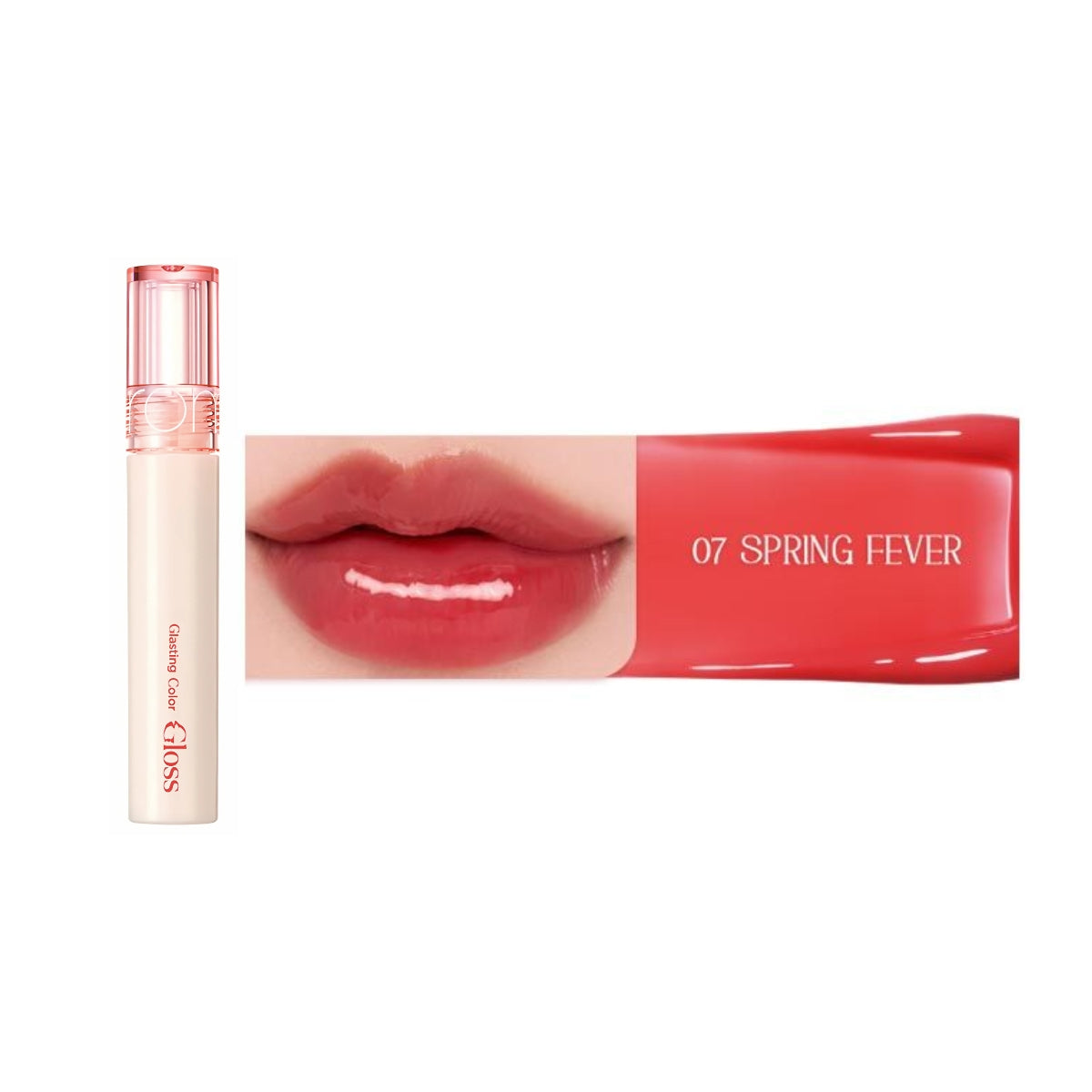 Rom&nd Glasting Color Gloss lip gloss in 8 vibrant shades, glossy finish and smooth texture visible on the lip swatches.
