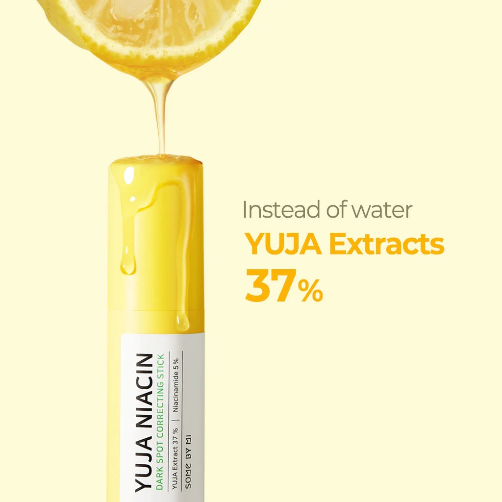Some By Mi Yuja Niacin Dark Spot Correcting Stick 10g showing the sleek, yellow and white stick applicator for targeted spot treatment.