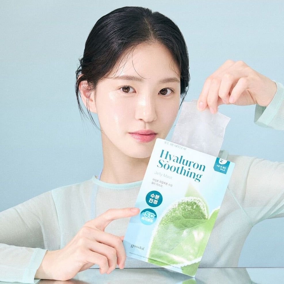 Goodal Houttuynia Cordata Hyaluron Soothing Jelly Mask sheet laid flat, showing its hydrating and soothing features.
