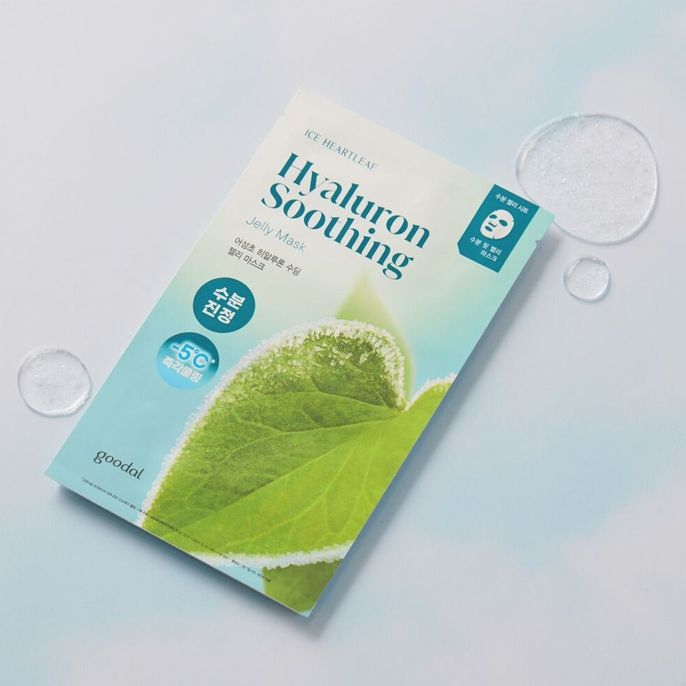Goodal Houttuynia Cordata Hyaluron soothing sheet mask lying flat, showing the mask sheet and packaging.
