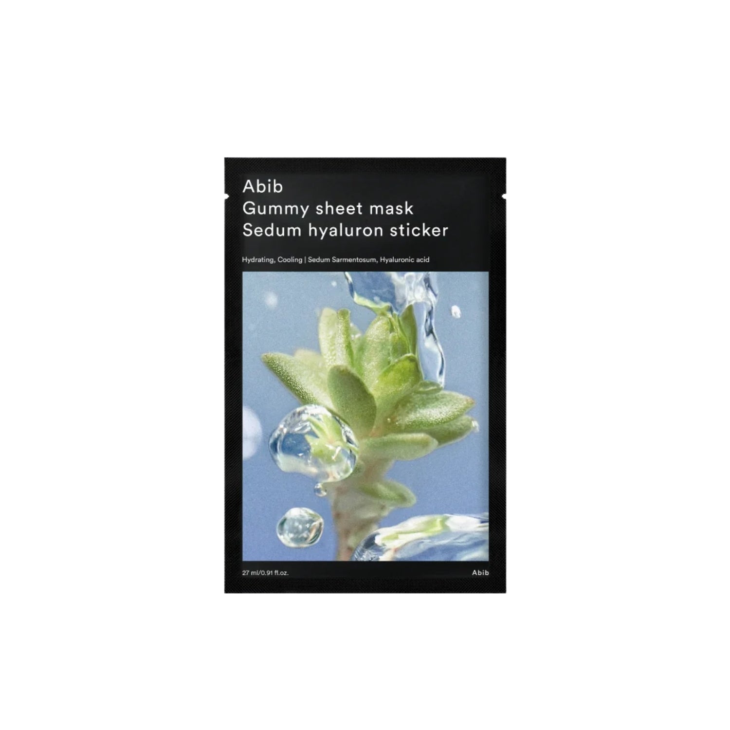 Abib Gummy Sheet Mask with sedum and hyaluron, showing a close-up of the sheet mask applied to skin for hydration and soothing.