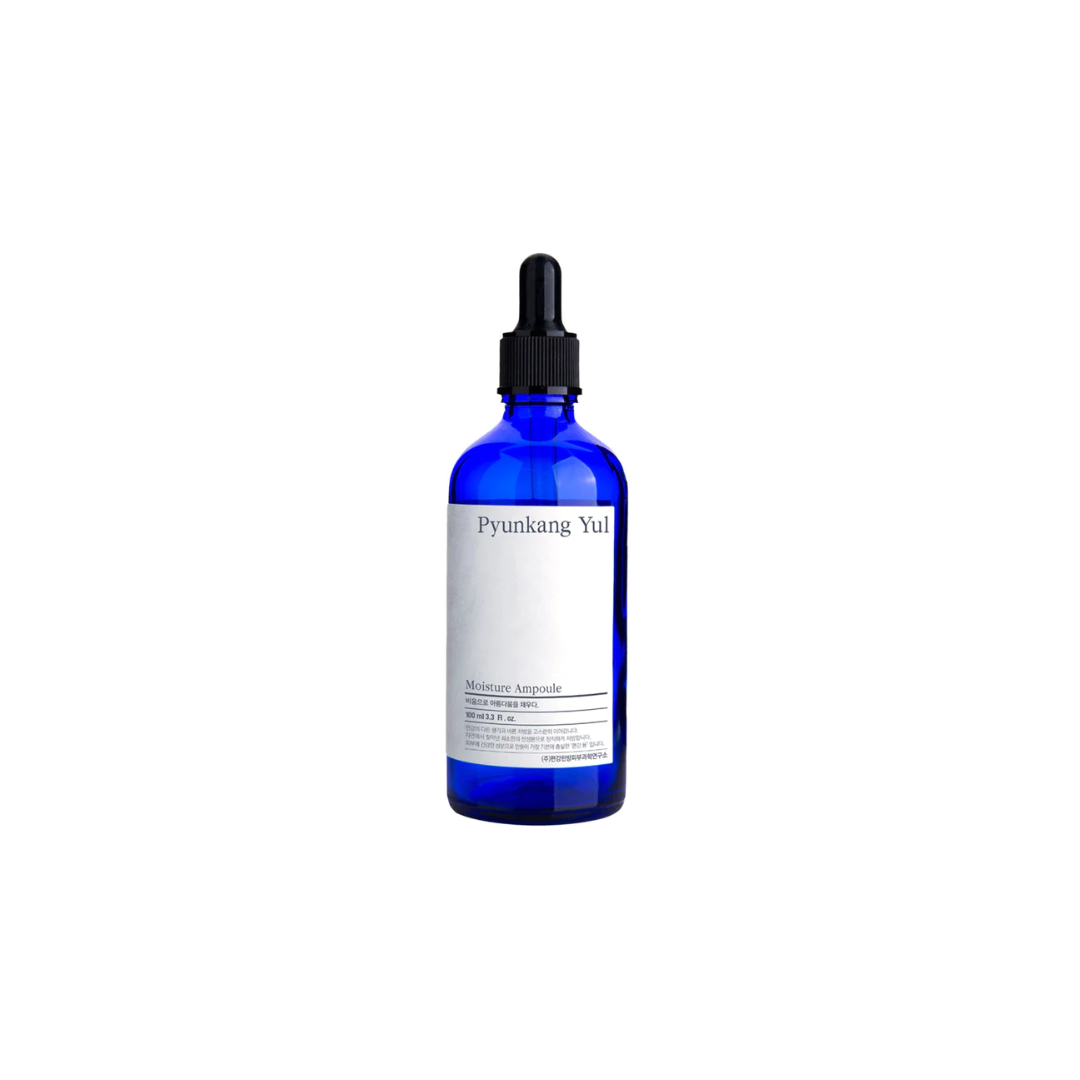 PyunKang Yul Moisture Ampoule 100ml bottle showing clear liquid inside, designed for nourishing and hydrating skin.