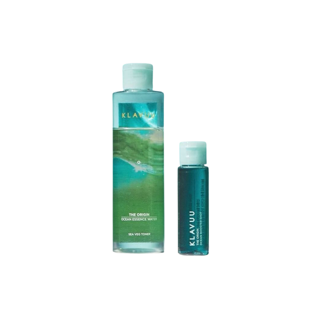 Klavuu The Origin Ocean Essence Water and Booster Shot in a skincare toner bottle with blue and white packaging.