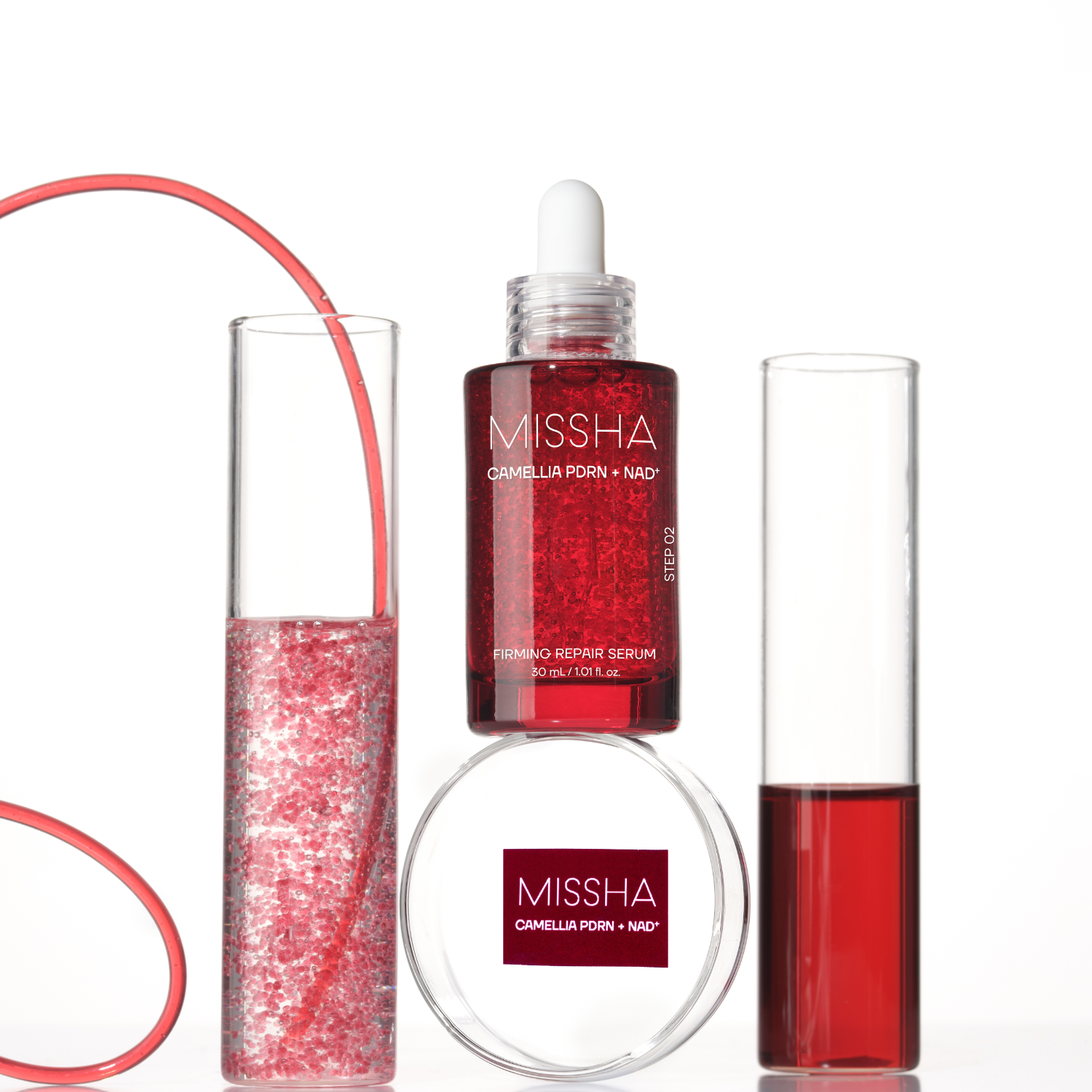 Missha PDRN Nad Firming Repair Serum 30ml bottle, clear glass container with pump dispenser and product label.