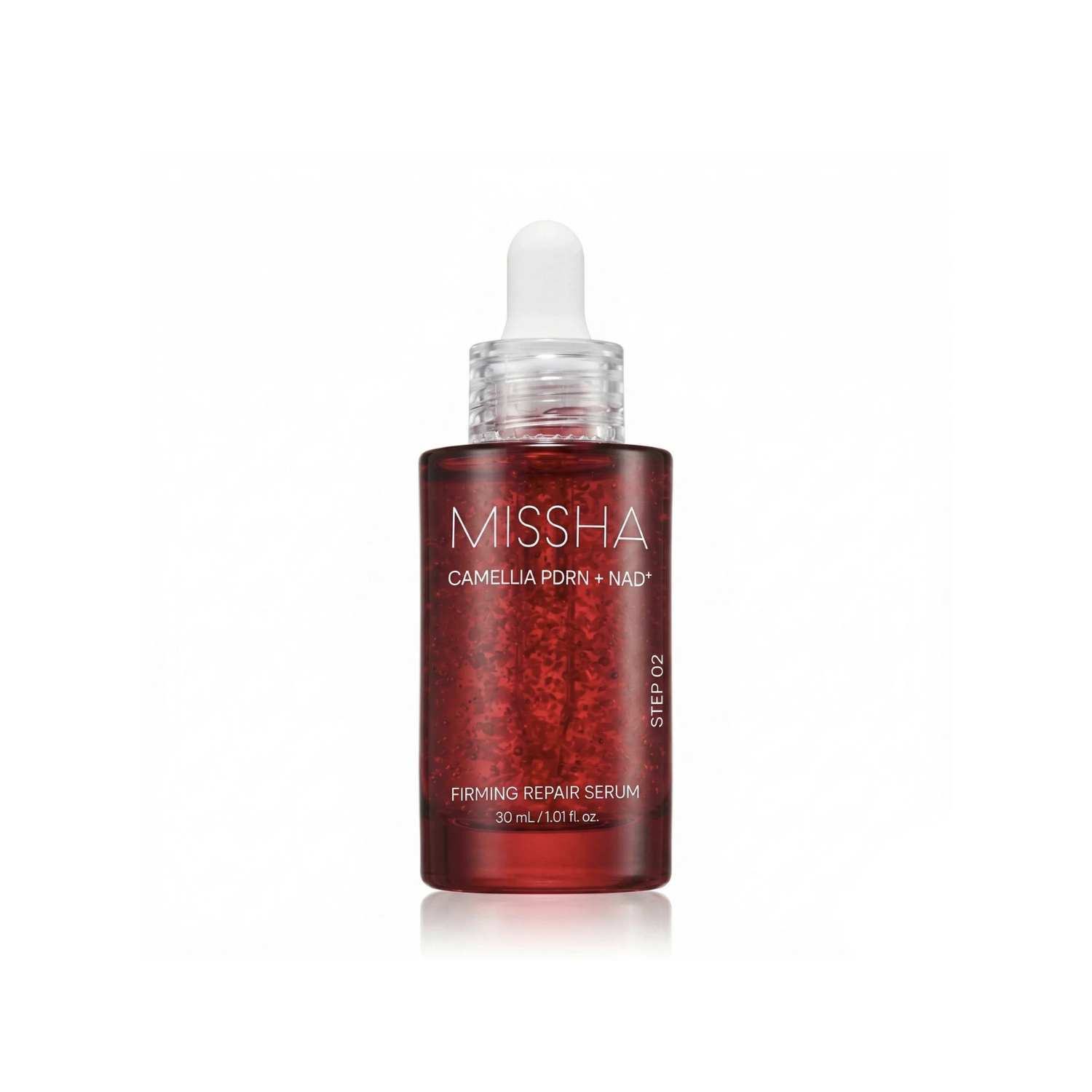 Missha PDRN Nad Firming Repair Serum 30ml bottle, showcasing the sleek packaging and clear liquid serum inside.