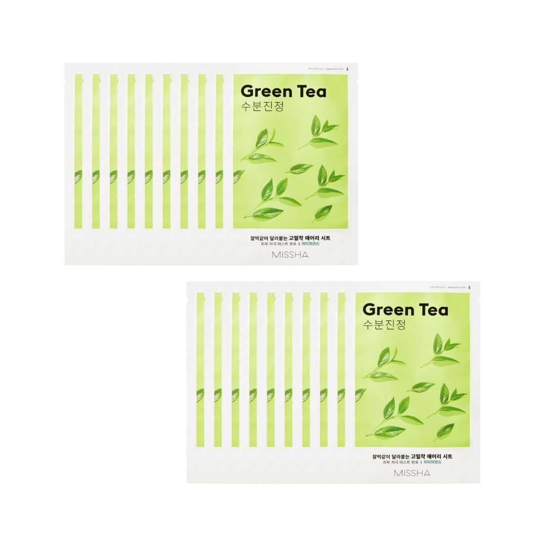 Bundle of 20 Missha Airy Fit Sheet Masks with green tea extract for hydrating and soothing skincare.