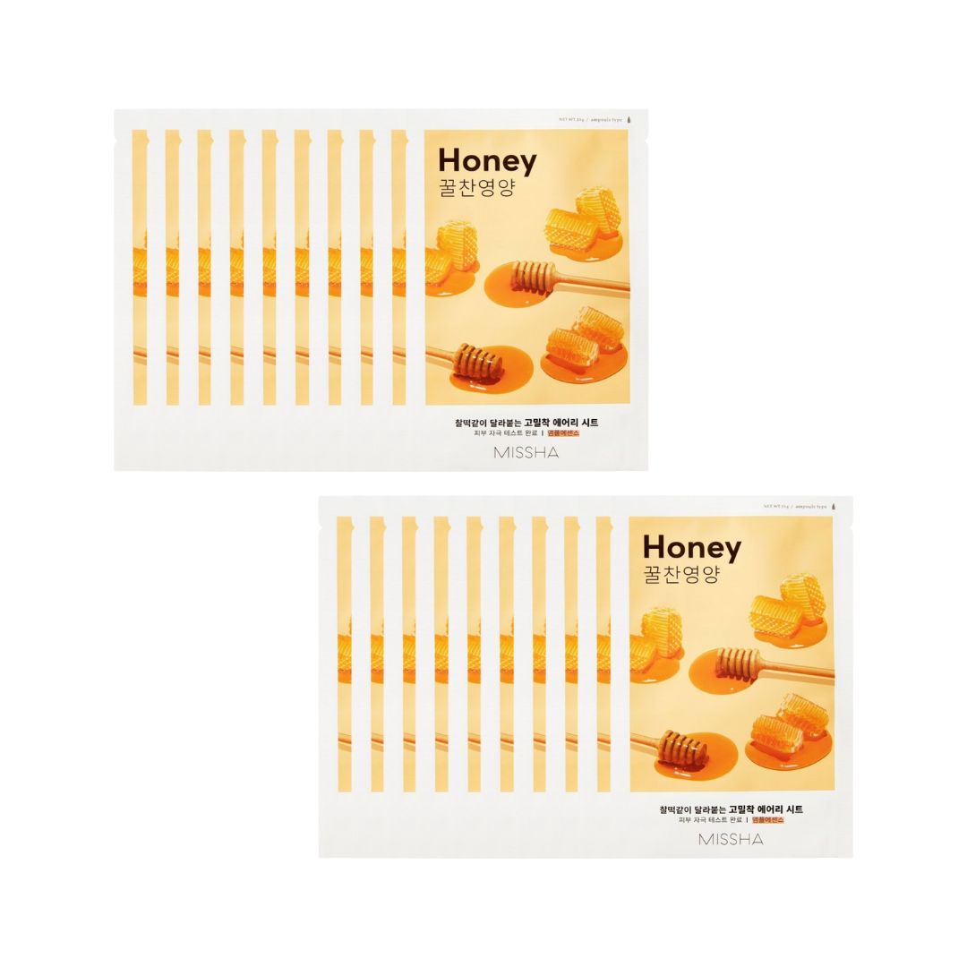 Missha Airy Fit Sheet Mask with honey, 20-piece bundle, showcasing soft fabric masks for moisturizing skincare.