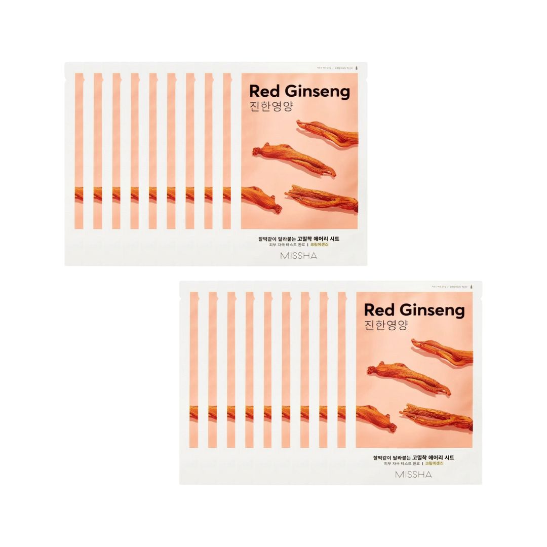 Missha Airy Fit Sheet Mask with Red Ginseng, 20-piece bundle, showing individually packed sheet masks with red ginseng extract.