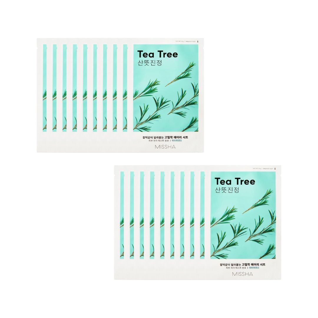Missha Airy Fit Sheet Mask with Tea Tree, 20-piece bundle for oily and acne-prone skin, featuring lightweight, soothing facial masks.