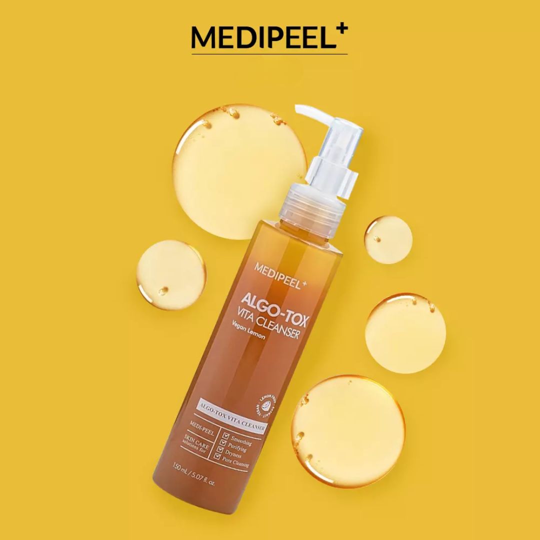 MEDIPEEL+ Algo-Tox Vita Cleanser gel and foam in a 150ml bottle, showing the cleanser's sleek packaging and product label.
