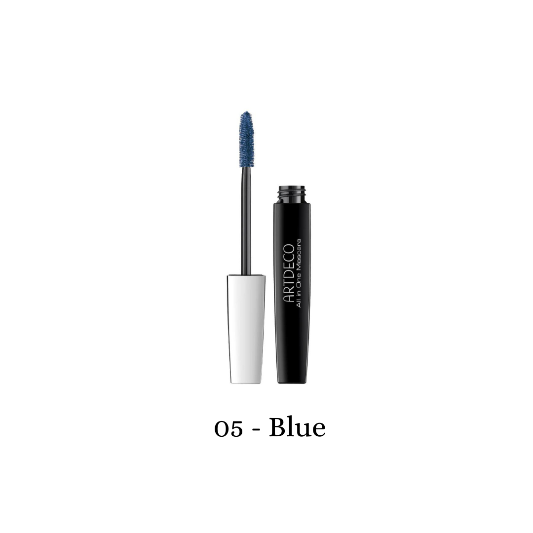 ARTDECO All In One Mascara with blue formula, featuring a curved brush for volumizing and lengthening lashes.